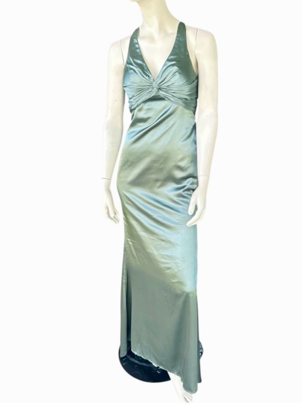 Monvelli Elegant Halter Satin Floor Mermaid Prom Gown Sage Green Size 4 NWT
